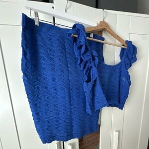 H&M Maternity Blue Sweater Knit Ruffle Sleeve Two-Piece Top and Skirt Set